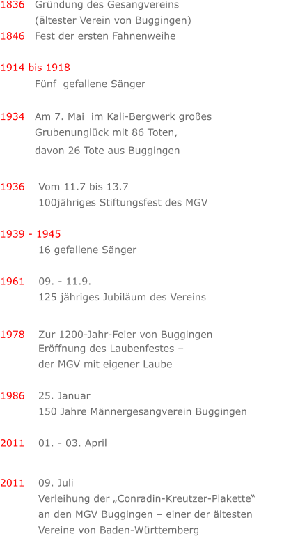 1836	Gründung des Gesangvereins  	(ältester Verein von Buggingen) 1846	Fest der ersten Fahnenweihe  1914 bis 1918 	Fünf  gefallene Sänger  1934	Am 7. Mai  im Kali-Bergwerk großes                        Grubenunglück mit 86 Toten,  davon 26 Tote aus Buggingen 		    	 1936    Vom 11.7 bis 13.7 	  100jähriges Stiftungsfest des MGV  1939 - 1945		  16 gefallene Sänger  1961    09. - 11.9.    125 jähriges Jubiläum des Vereins       1978	 Zur 1200-Jahr-Feier von Buggingen  	 Eröffnung des Laubenfestes –   der MGV mit eigener Laube  1986	 25. Januar    	 150 Jahre Männergesangverein Buggingen  2011	 01. - 03. April                                2011	 09. Juli	 	 Verleihung der „Conradin-Kreutzer-Plakette“   an den MGV Buggingen – einer der ältesten   Vereine von Baden-Württemberg